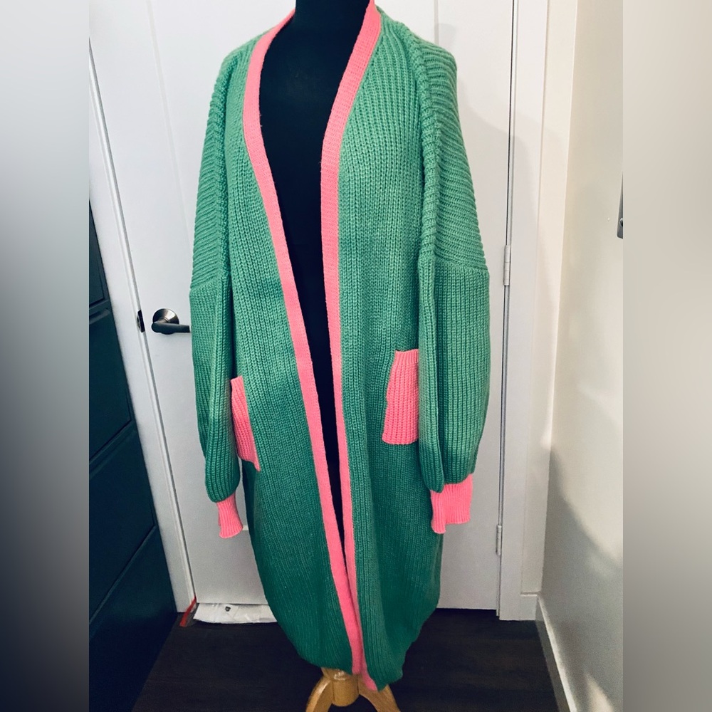 Gorgeous, handmade knitted oversized, Green and Pink Women's Sweater Cardigan